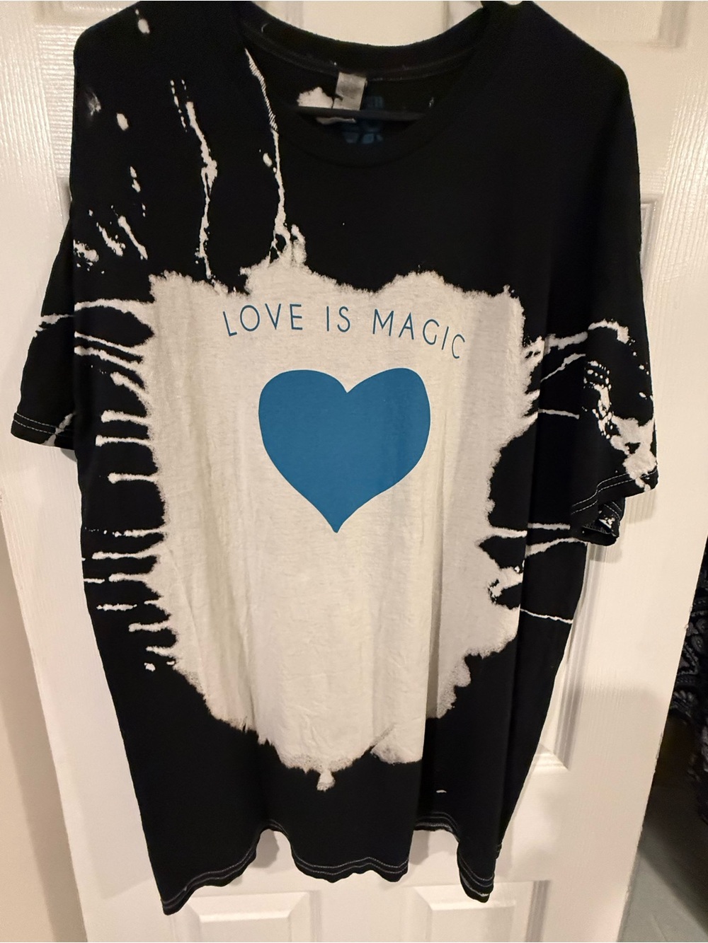 Love Is Magic Black & White Tie-Dye Tee with Blue Heart